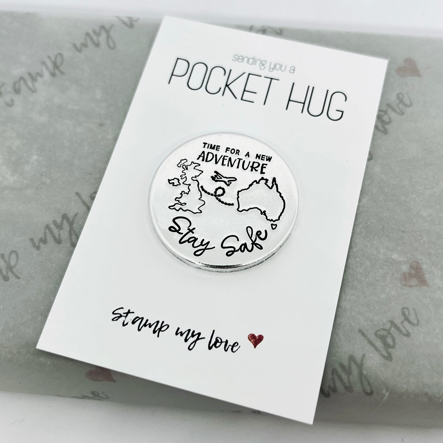 'Time for a New Adventure - Stay Safe' Travel Pocket Hug