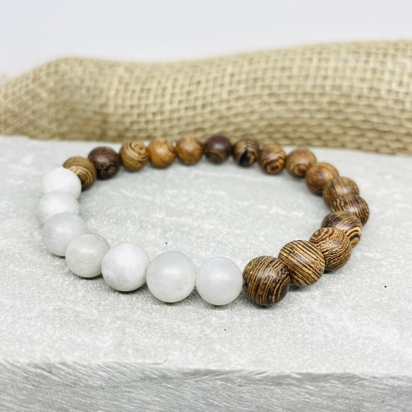 Wood & Natural White Jade Stretch Bracelet