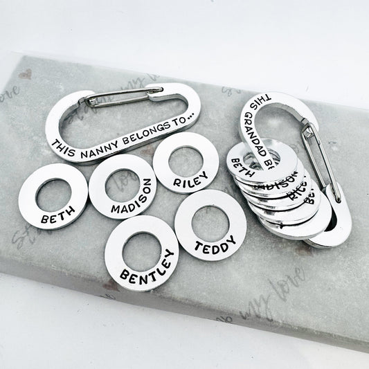 personalised hand stamped carabiner keyring with custom name discs