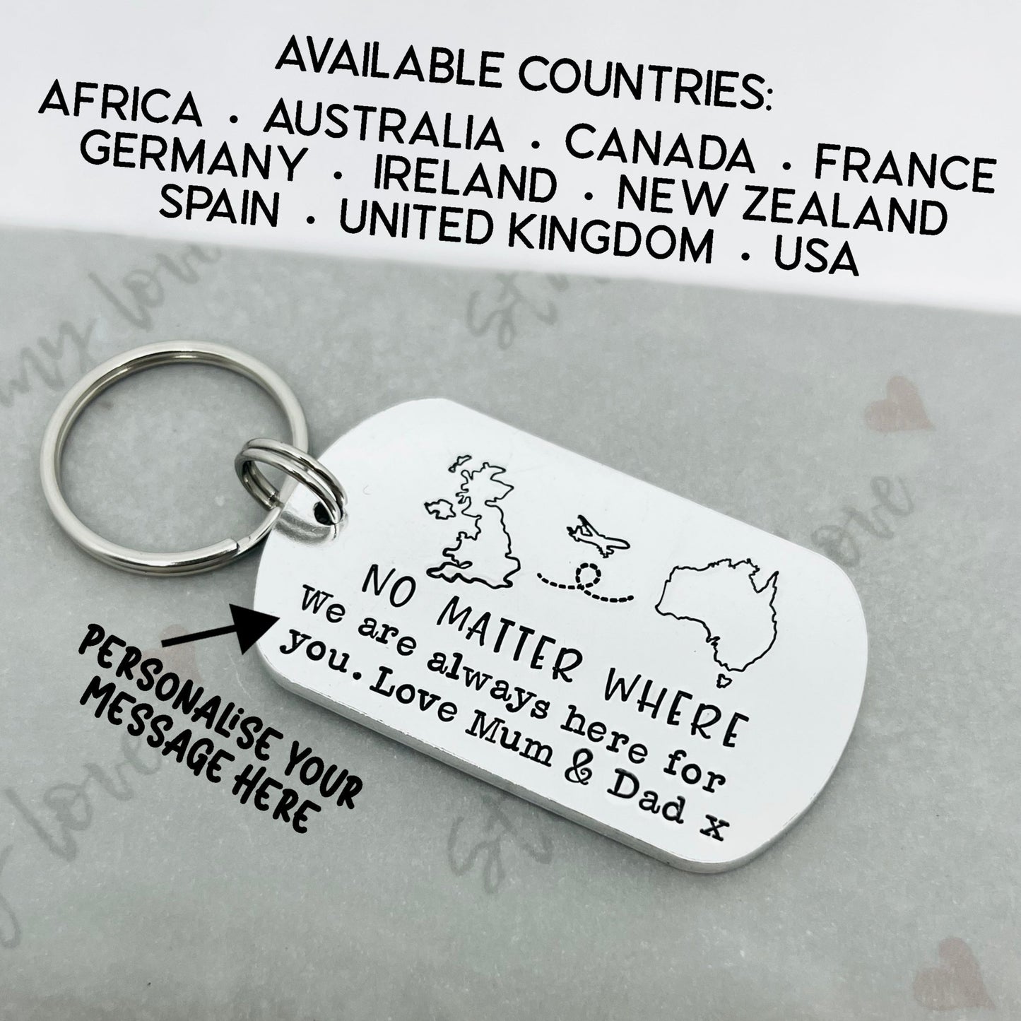hand stamped metal travel keyring, leaving gift, gift for son, gift for daughter