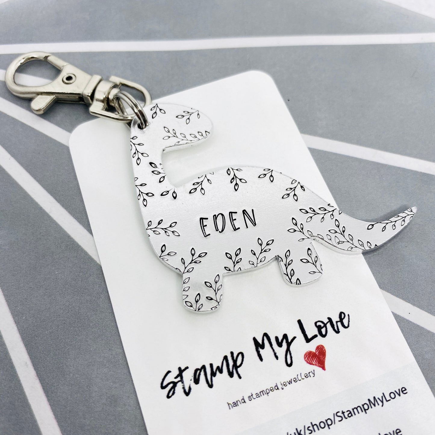 Personalised Large Floral Dinosaur Name Label Keyring