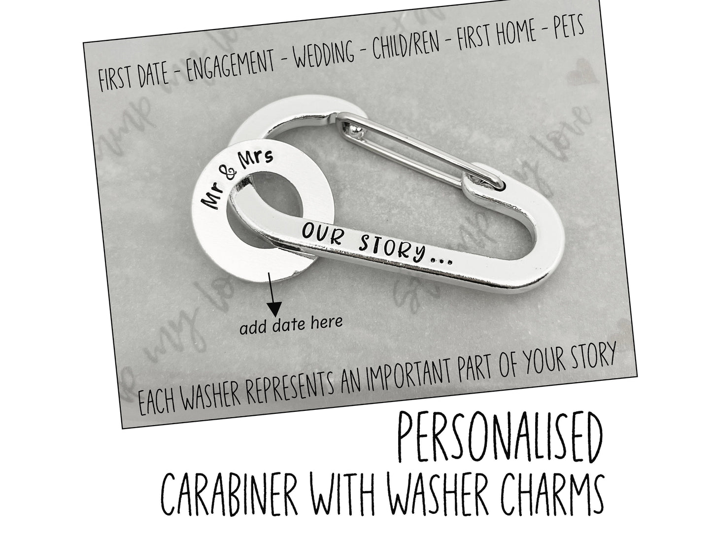 Personalised 'Our Story' Carabiner with Washers